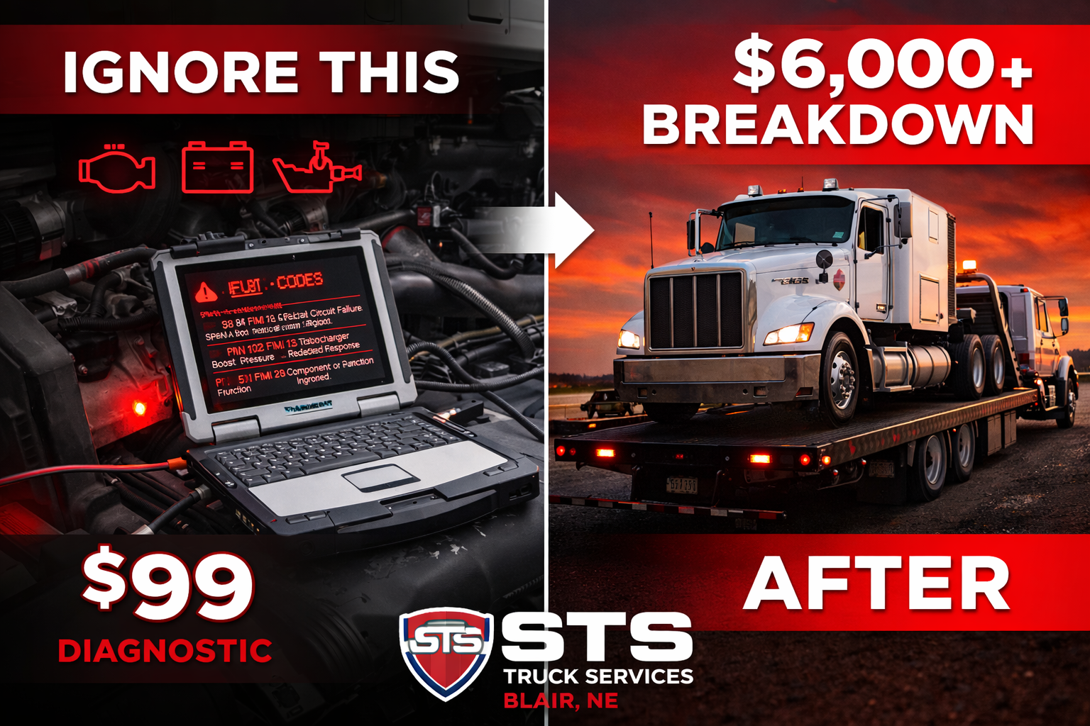 Semi truck diagnostics and electrical repair cost comparison in Blair Nebraska showing early diagnosis versus expensive downtime later