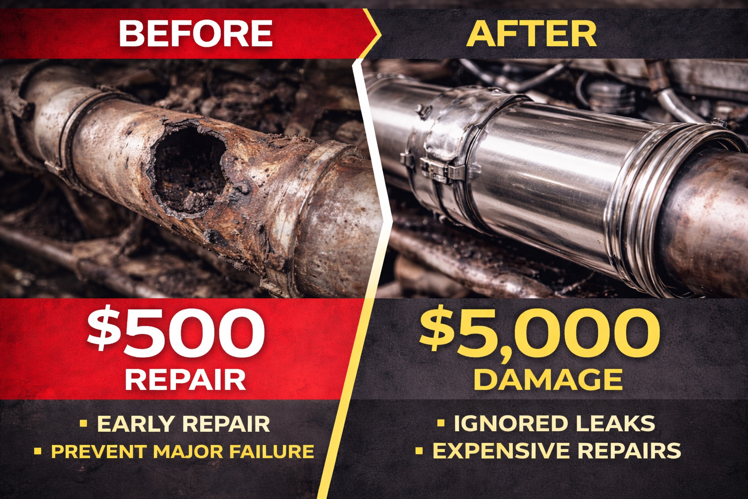 Semi truck exhaust repair cost comparison in Blair Nebraska showing early repair versus major damage later