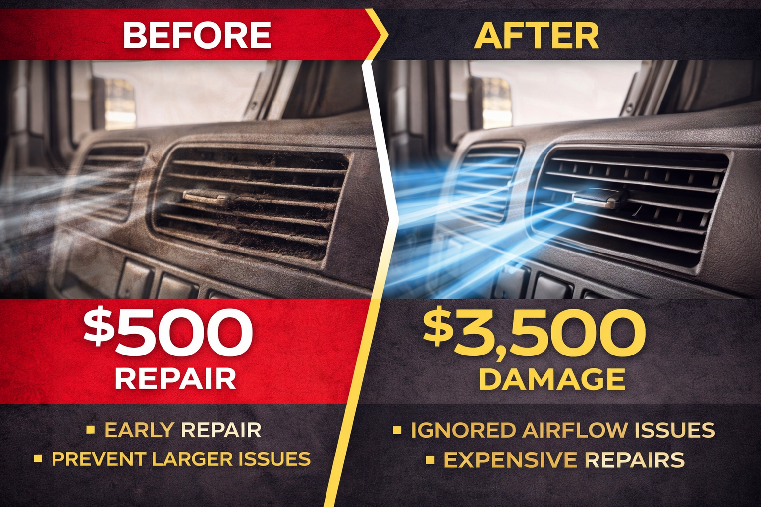 Semi truck HVAC repair cost comparison in Blair Nebraska showing early repair versus larger damage later