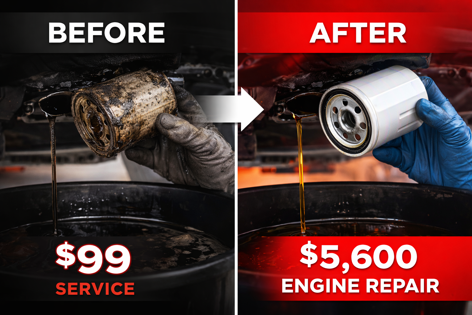 Truck oil and filter service comparison showing preventative maintenance versus expensive engine repair