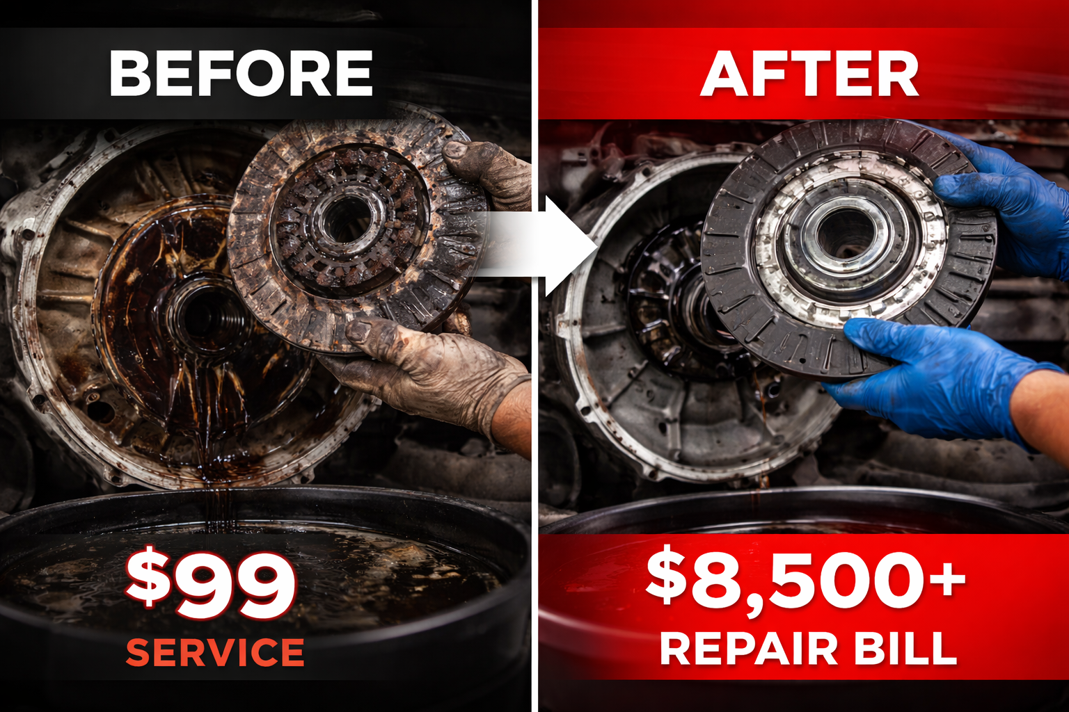 Truck transmission and clutch repair comparison showing early service versus major downtime and repair later
